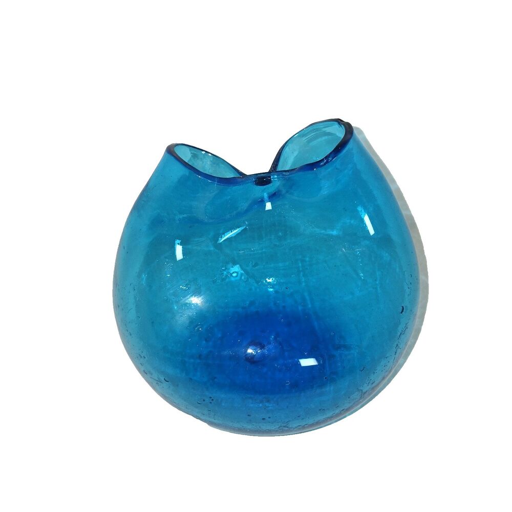 Vintage Blue Blenko 39 Pinched Ivy Bud Vase Mid Century Hand Blown Art Glass